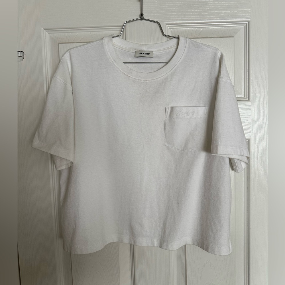 Sandro White Pocket Tee with Embroidered Logo